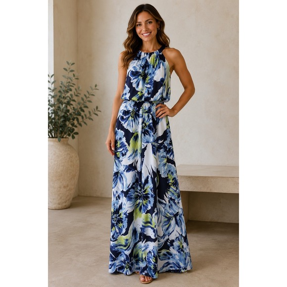 Chico's Dresses & Skirts - Chicos Blue Green Floral Halter Maxi Dress Size 2 Large Sleeveless Painterly Art